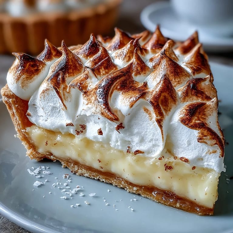 Slice of Lemon Meringue Pie on a white plate, revealing the tangy lemon filling and fluffy meringue peaks next to a citrus zester.