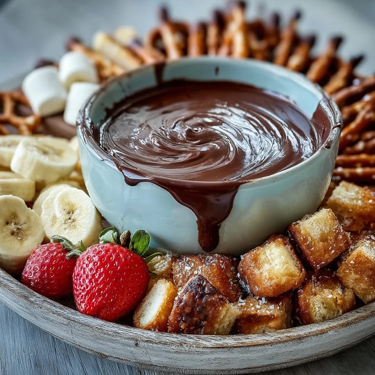 Fondue forks hold banana slices and strawberries over warm Boozy Chocolate Fondue on a rustic table.