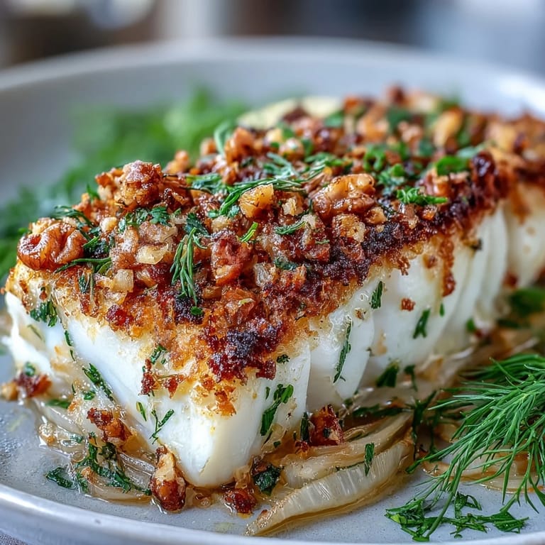 Tender Baked Halibut with Fennel and lemon slices bakes alongside aromatic fennel fronds in a dish.