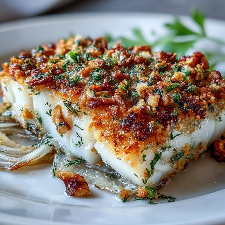 Serving suggestion for Baked Halibut with Fennel and golden pangrattato topping, paired with a crisp green salad.