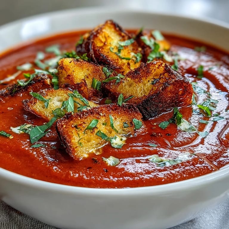 Steaming bowl of Roasted Red Pepper Soup With Crispy Croutons served with bread.