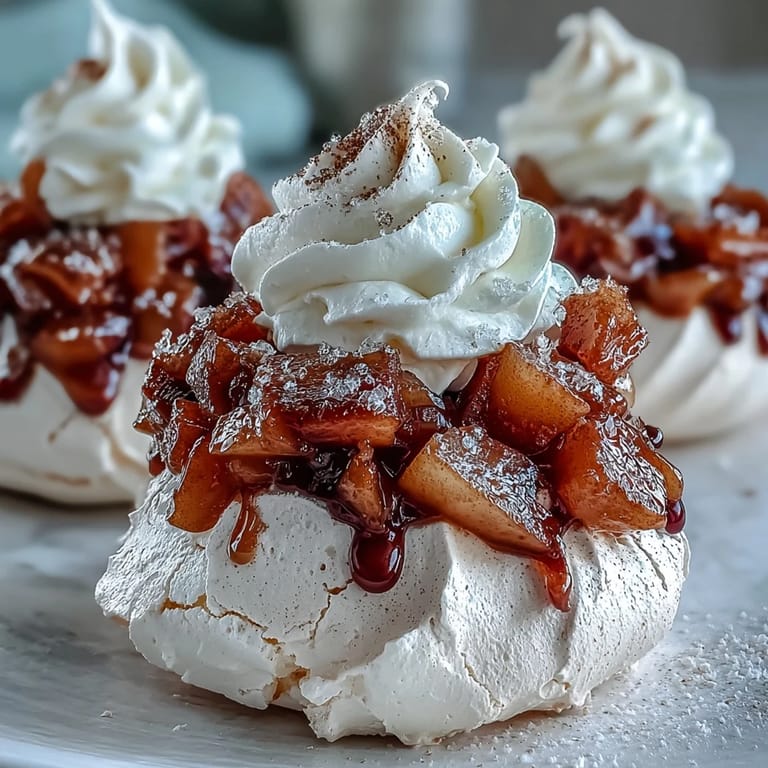 Golden Mini Hot Toddy Pavlovas with whipped cream and diced pears served as a gluten-free dessert.