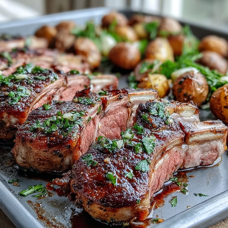 A finished One-Pan Roast Rack of Lamb and Green Olive Potatoes, showcasing juicy lamb chops resting beside crispy potatoes tossed with parsley and capers.