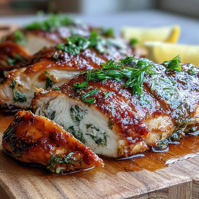 Sliced oven baked chicken breast revealing juicy interior, served alongside roasted vegetables on a white plate for a healthy dinner.