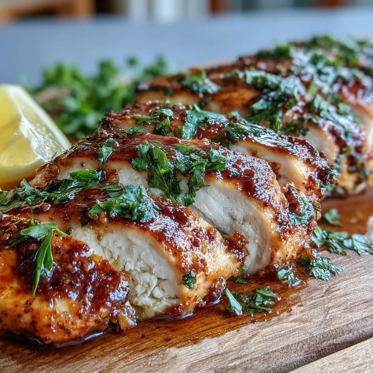 Tender oven baked chicken breast with savory spice rub, resting on parchment paper with lemon slices and olive oil drizzle.
