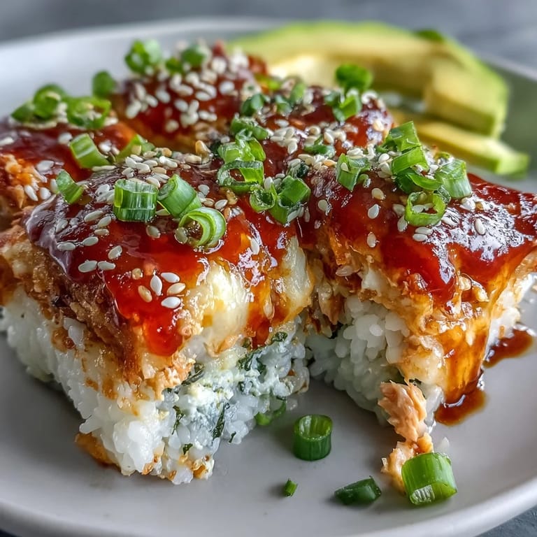 A serving spoon lifts a cheesy bite of Spicy Salmon Sushi Bake from the baking dish, revealing seasoned rice.