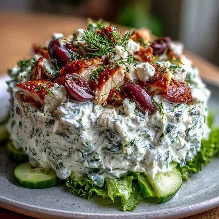 A vibrant bowl of Tzatziki Chicken Salad features crisp cucumbers and red onion, topped with feta and Kalamata olives.