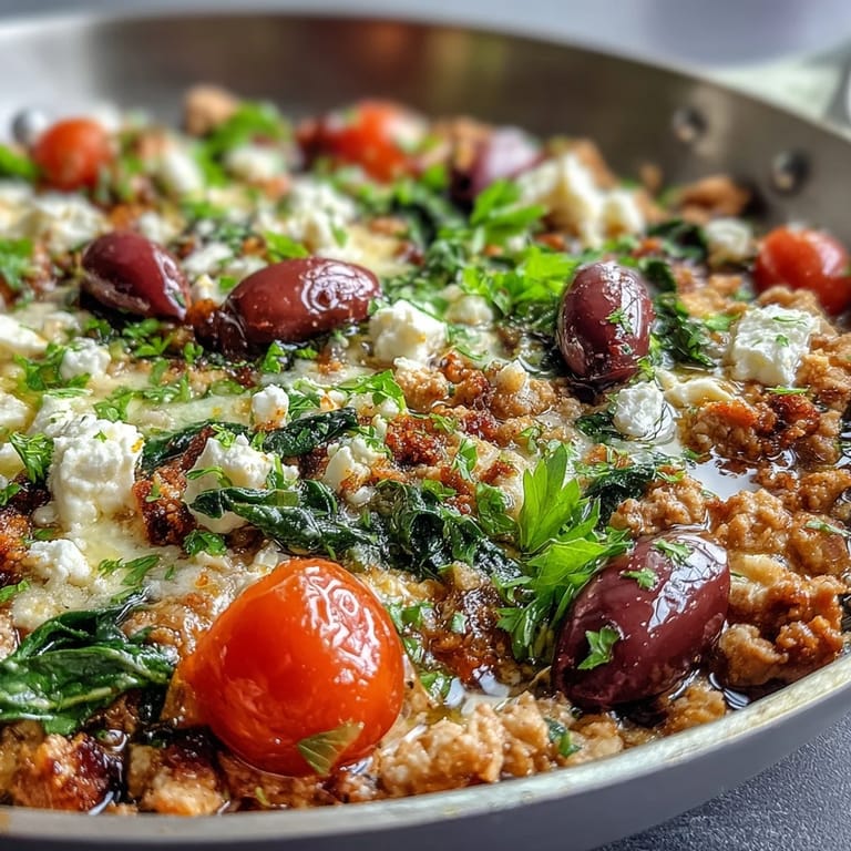 Forkful of savory Mediterranean Keto Ground Chicken Skillet featuring crumbled feta, Kalamata olives, and spinach.