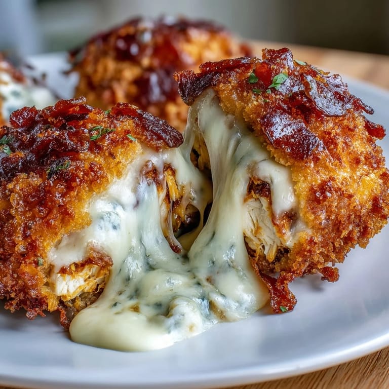 Sizzling fried Buffalo Chicken Bacon Mozzarella Bombs stacked high, revealing gooey mozzarella and bacon filling.