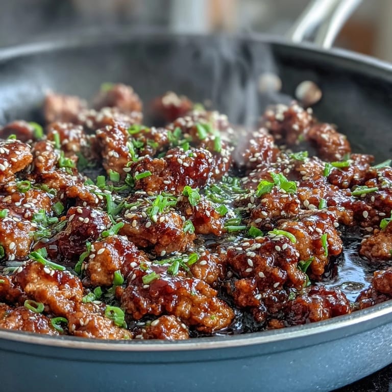 A skillet of Korean-Style Ground Turkey served alongside fluffy steamed white rice and fresh broccoli.