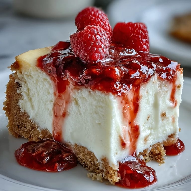 A close-up slice of Indulgent White Chocolate Raspberry Cheesecake Bliss reveals a creamy swirl, crumbly graham cracker crust, and tangy fruit.