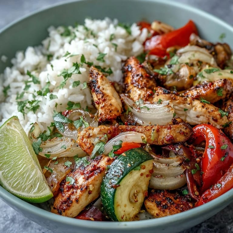Brightly colored vegetables and chicken roasted for Sheet Pan Fajita Bowls, served over rice.