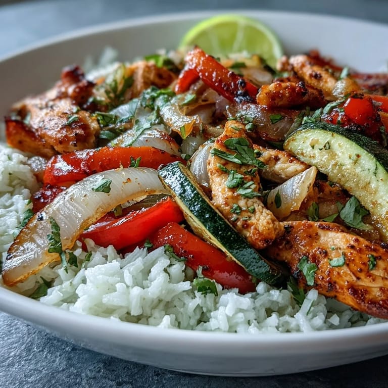 A steaming Sheet Pan Fajita Bowl topped with avocado and cilantro, a healthy weeknight meal.