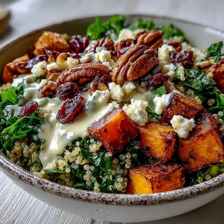 Crisp pecans, dried cranberries, and tangy blue cheese top fluffy quinoa in a hearty, autumn-inspired Harvest Kale Quinoa Bowl.