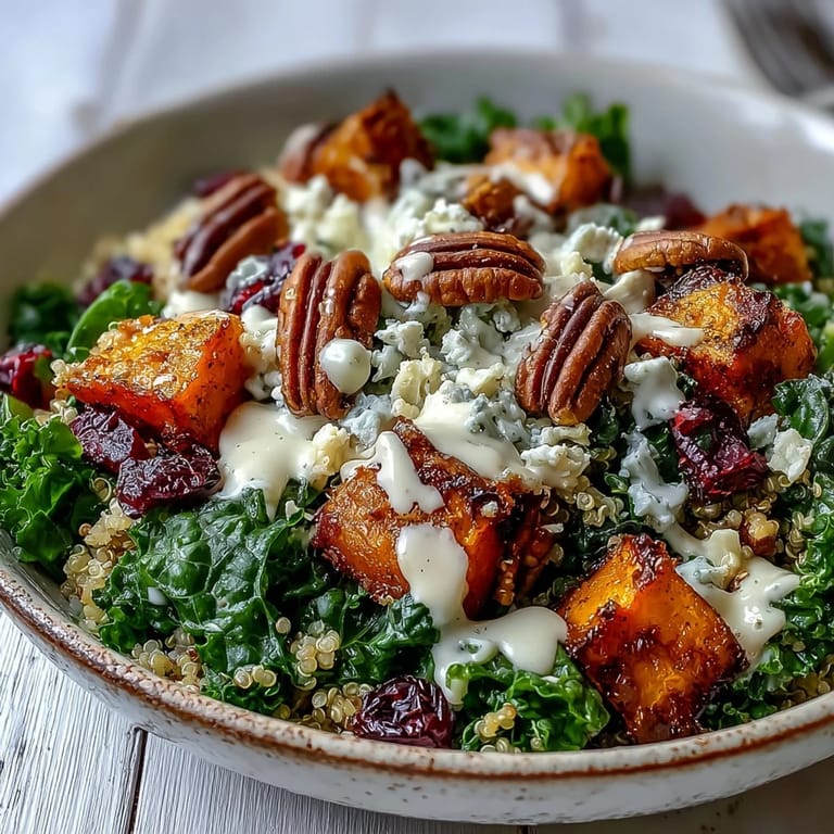 A wholesome Harvest Kale Quinoa Bowl with golden roasted sweet potatoes, vibrant greens, and a generous swirl of zesty dressing.