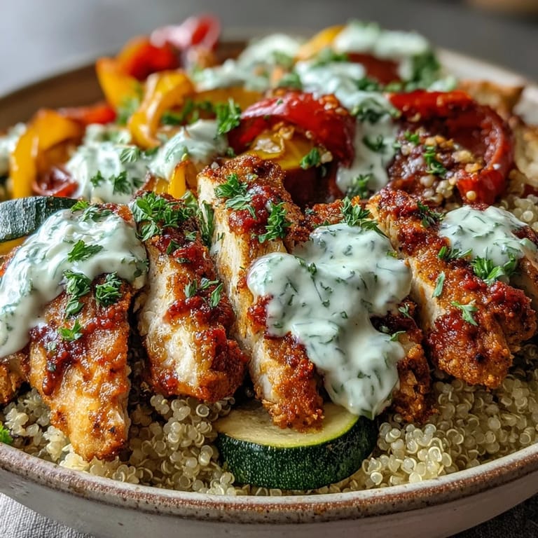 Colorful Paprika Herb Chicken Roasted Vegetable Quinoa Bowl topped with Greek yogurt and parsley.