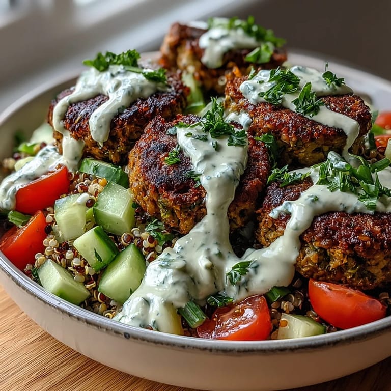 A close-up of a Falafel Quinoa Salad Bowl shows juicy halved cherry tomatoes, diced cucumber, and golden chickpea falafel patties.