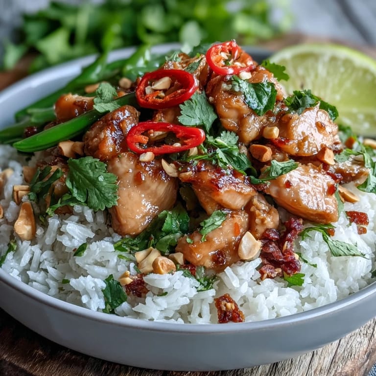 Steam rises from a serving of Thai Chicken Coconut Bowl, featuring tender chicken, creamy coconut rice, and extra lime wedges for squeezing.