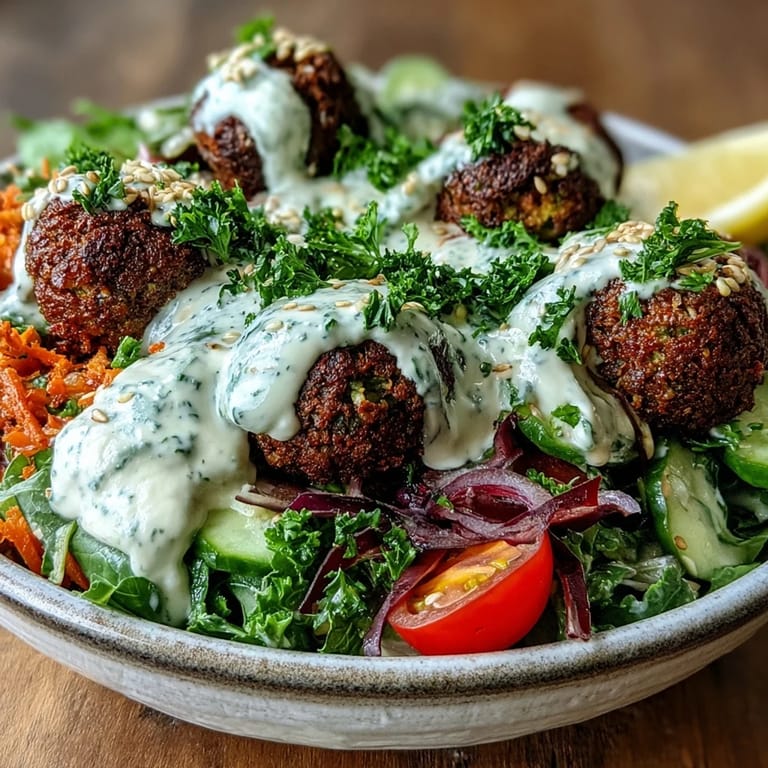 A close-up of a hearty falafel bowl with chickpea fritters, hummus, and lemon wedges for a fresh, healthy lunch.