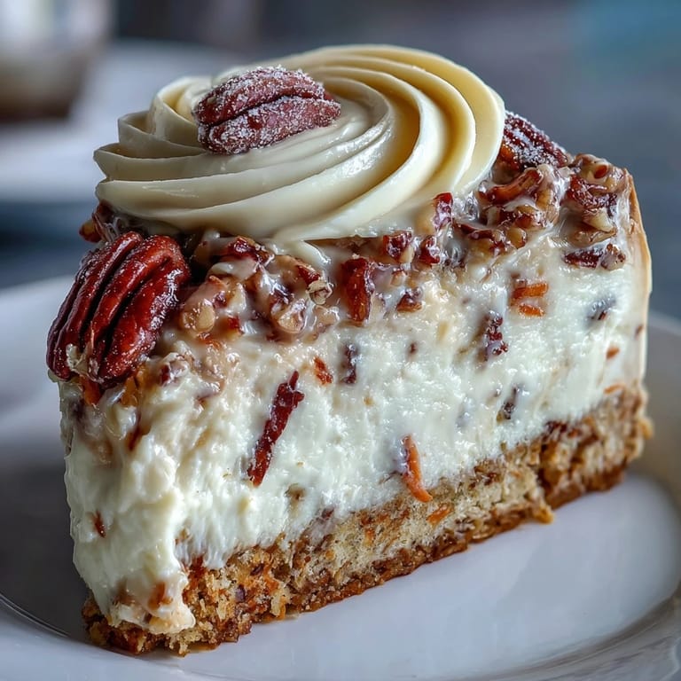 Rich carrot cake cheesecake bars with marbled layers, cream cheese frosting, and crunchy pecans—ideal for Easter or spring gatherings.
