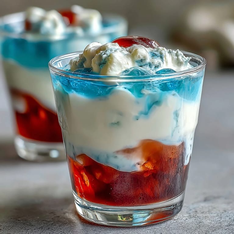 Festive red, white, and blue Jello cups in clear glasses, chilled and ready for summer parties or Fourth of July celebrations.