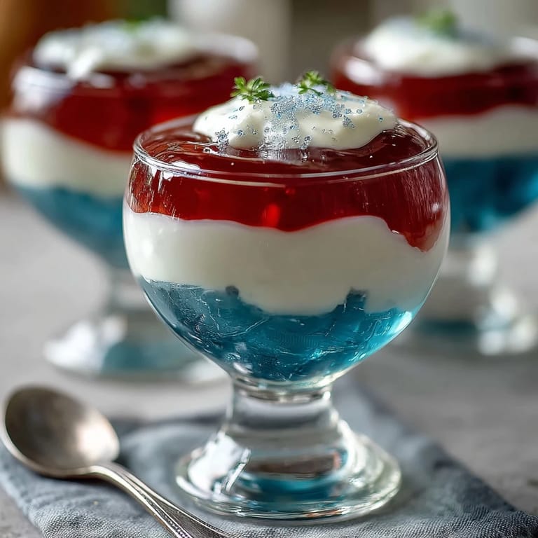 Sweet and colorful layered Jello cups in red, white, and blue, garnished with whipped topping and fresh fruit for a fun dessert.
