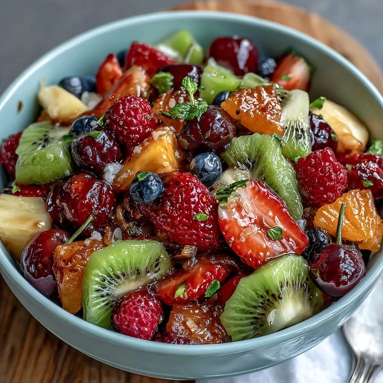 Rainbow fruit platter with Greek yogurt dipping sauce, showcasing seasonal berries, citrus, and tropical fruits.