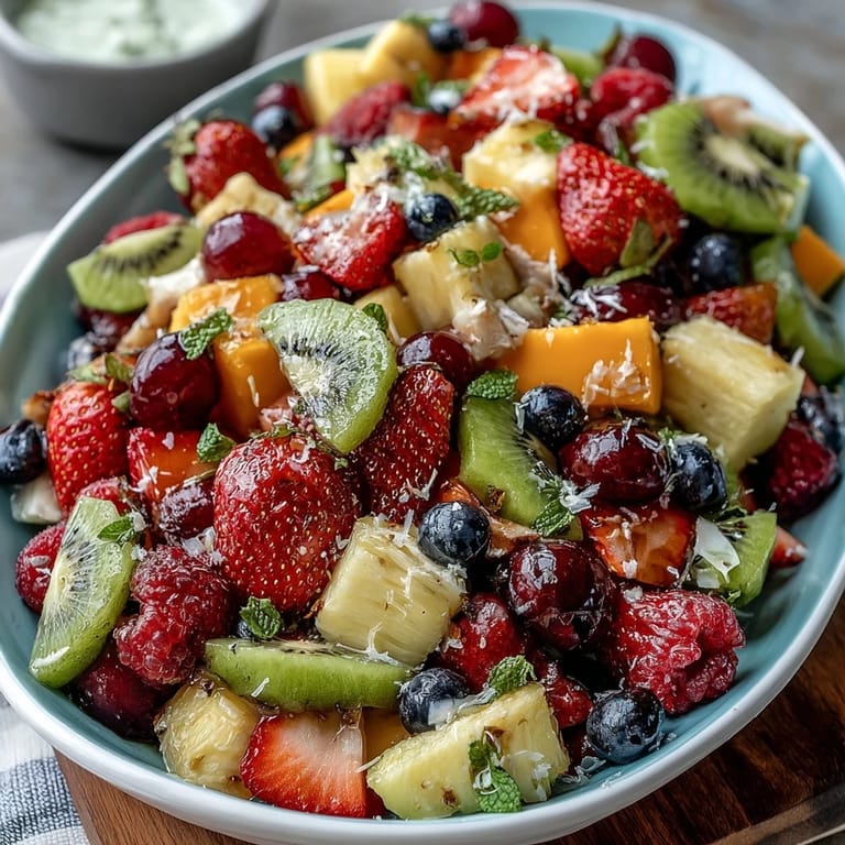 Vibrant fruit arrangement with creamy honey-lemon yogurt dip, perfect for brunch or outdoor spring gatherings.