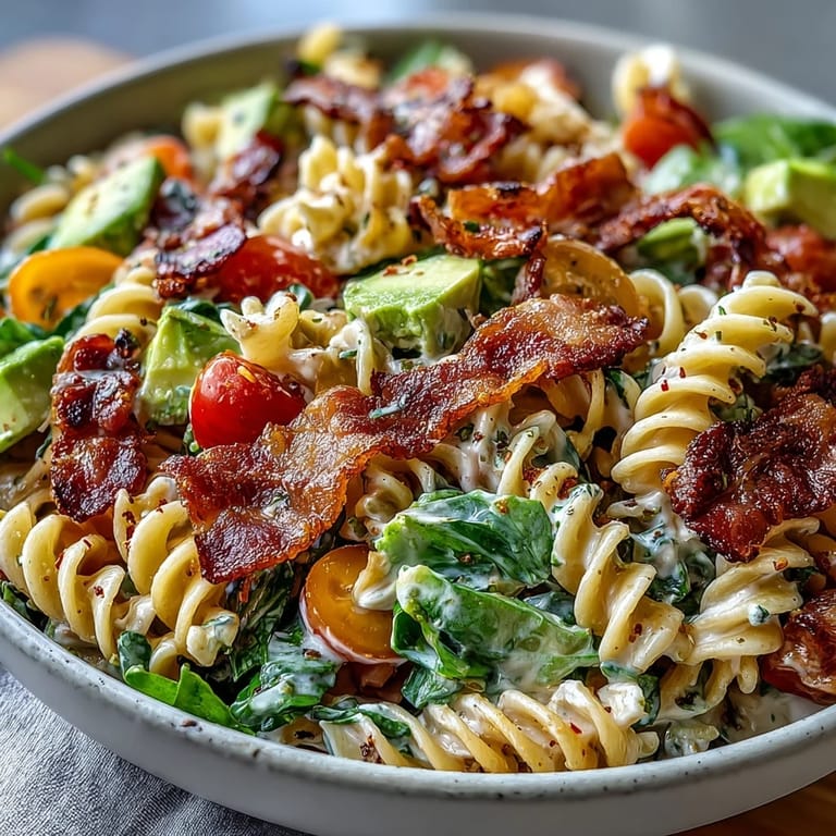 Colorful BLT Pasta Salad featuring juicy cherry tomatoes, diced avocado, and crisp romaine lettuce, drizzled with tangy dressing.