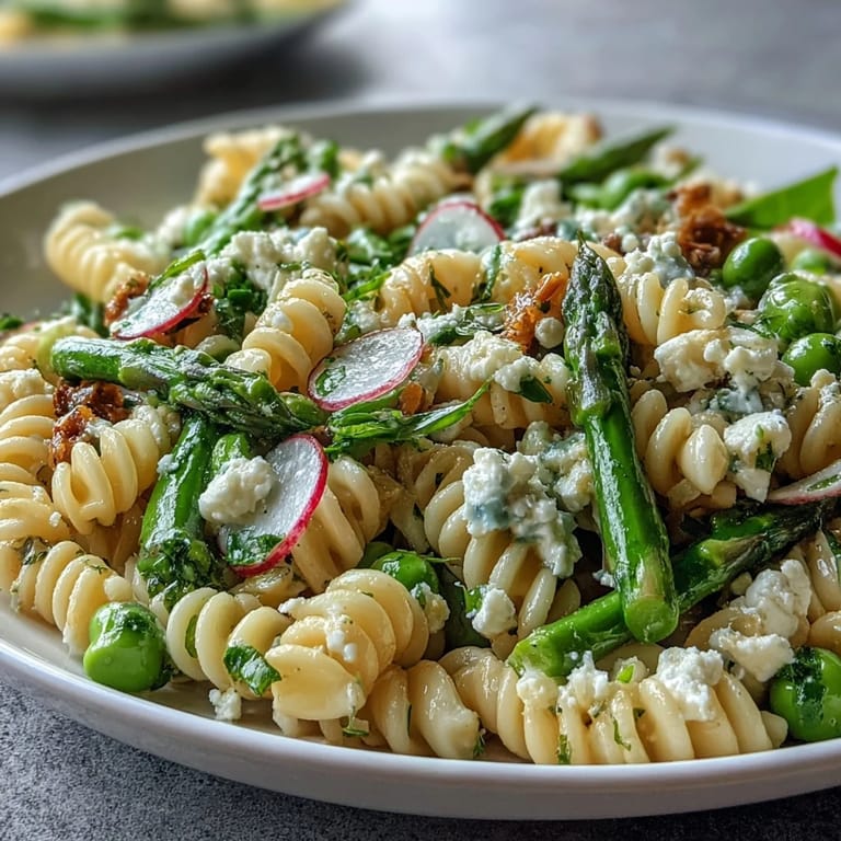 Fresh Spring Pasta Salad with Lemon Vinaigrette and Radishes—perfect for picnics, with crisp veggies, baby spinach, and tangy lemon dressing.