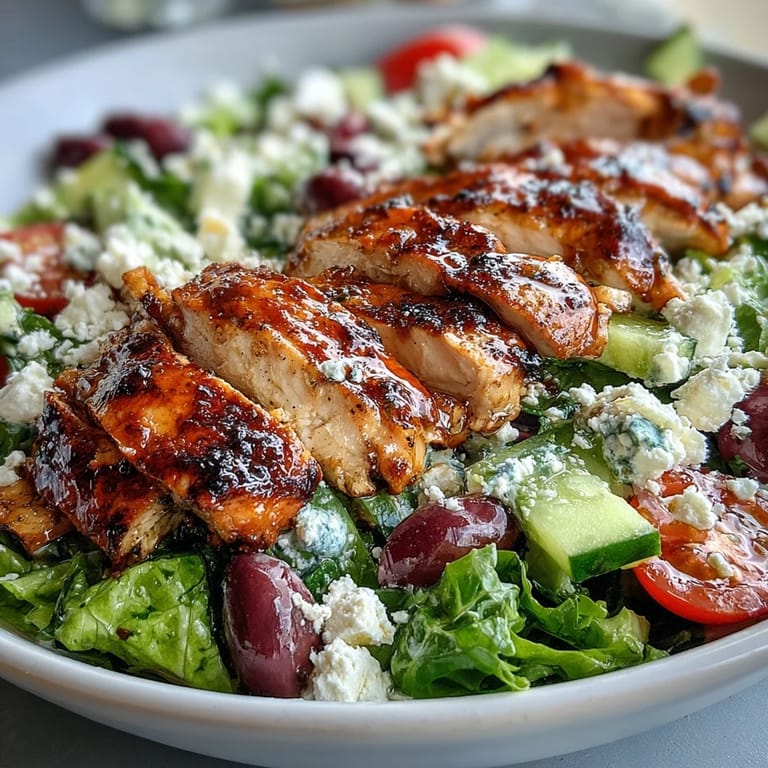 A vibrant summer salad featuring grilled chicken breast over crisp lettuce, ripe tomatoes, cucumbers, and Kalamata olives.