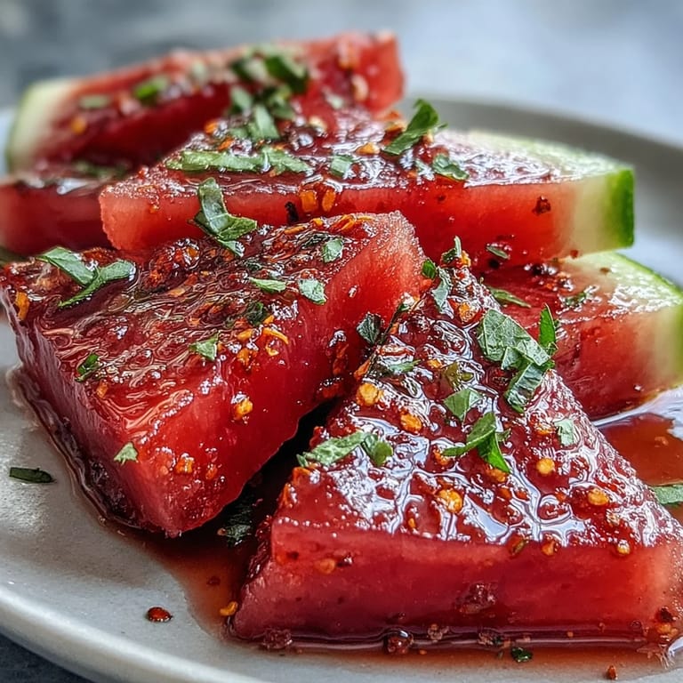 Colorful watermelon wedges coated in zesty Tajin seasoning and fresh lime juice, ideal for a quick and refreshing summer snack.