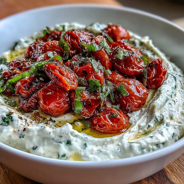 Roasted cherry tomatoes burst with flavor over whipped feta, drizzled with olive oil and served with gluten-free crackers.