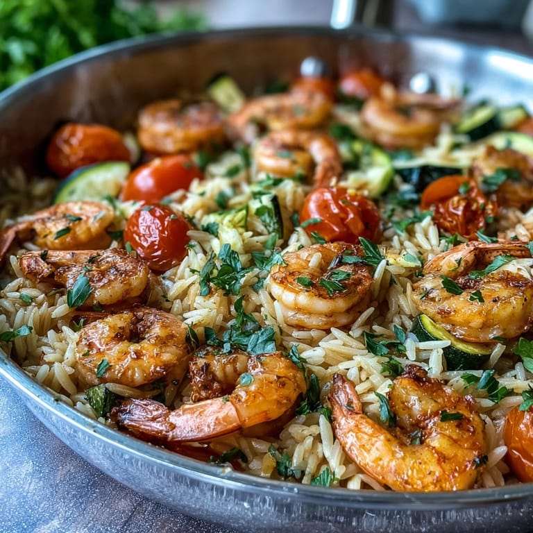 Creamy lemon butter shrimp and orzo dish featuring tender shrimp, orzo pasta, and bright vegetables, perfect for a quick dinner.  