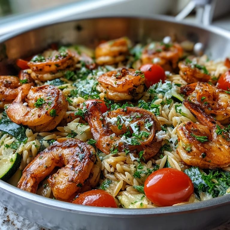 Easy one-pan lemon butter shrimp and orzo with garlic, cherry tomatoes, and zucchini, finished with fresh parsley and lemon zest.