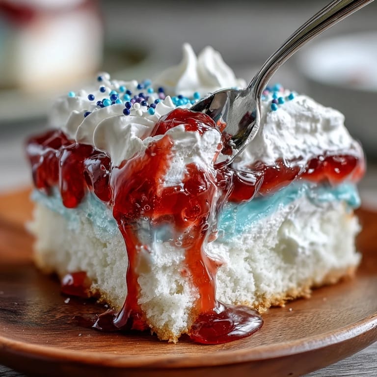 Luscious Red White Blue Poke Cake, dotted with berries and festive patriotic sprinkles.
