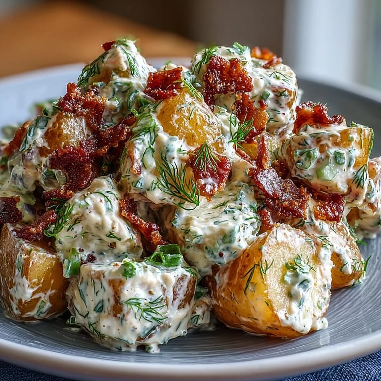 Memorial Day Potato Salad with Dill and Bacon: Tangy, herby potato salad tossed with crumbled bacon and diced red onion, ideal for barbecue spreads.