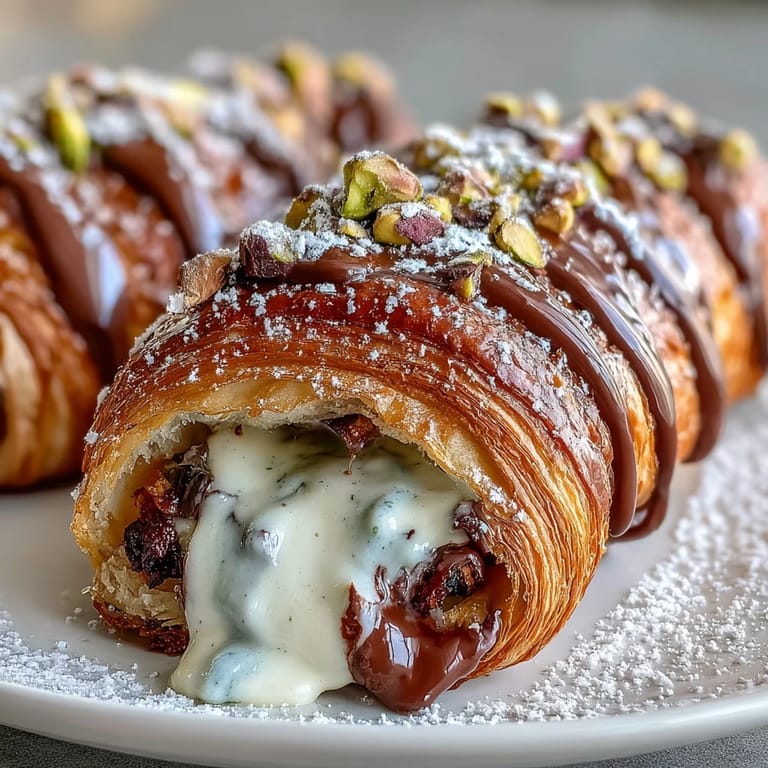 Luxurious stuffed croissants soaked in creamy custard, filled with rich dark chocolate, and garnished with chopped pistachios.
