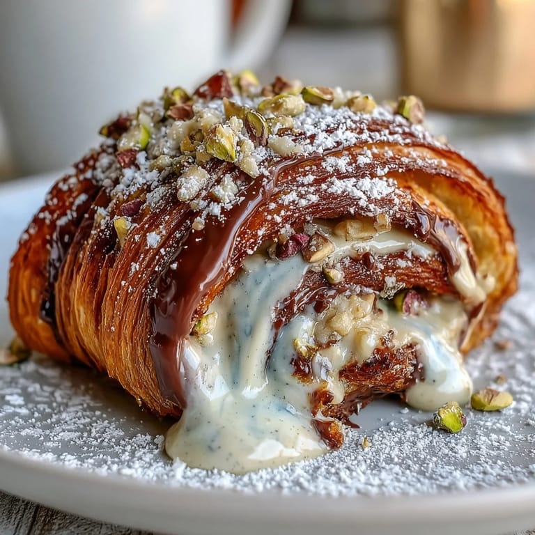 Golden-brown croissant French toast oozing melted chocolate, sprinkled with pistachios, and drizzled with chocolate sauce.