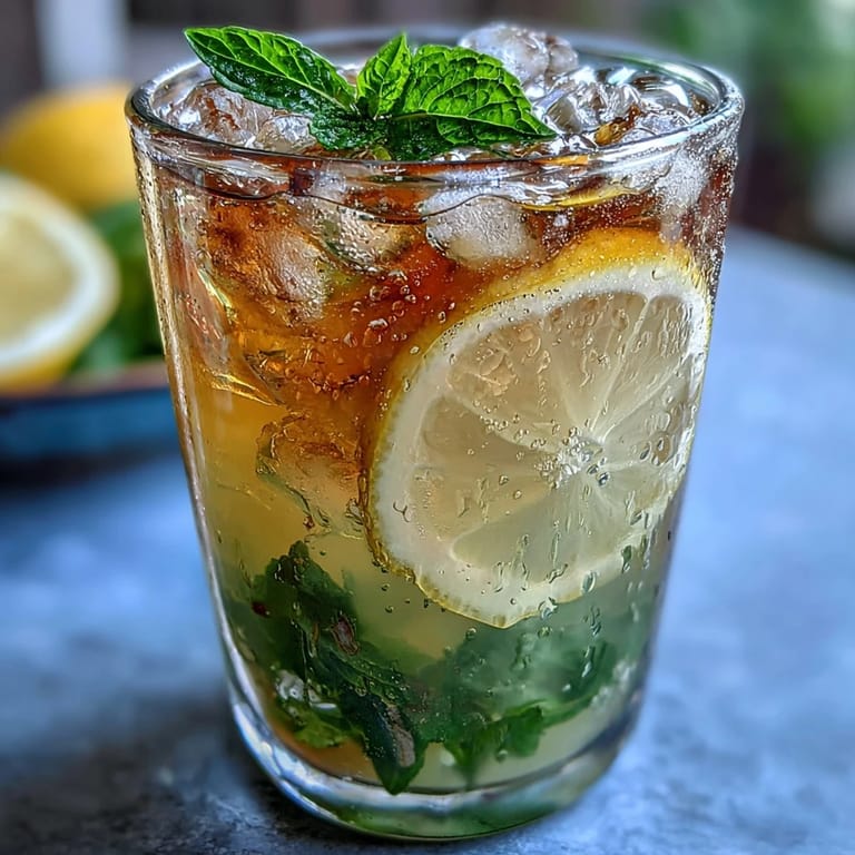 A vibrant close-up of Iced Peach Green Tea Lemonade, frosted glass, and sweet peach slices.