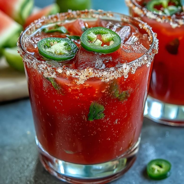 Freshly blended Cinco de Mayo watermelon jalapeño mocktail, garnished with lime and spice.