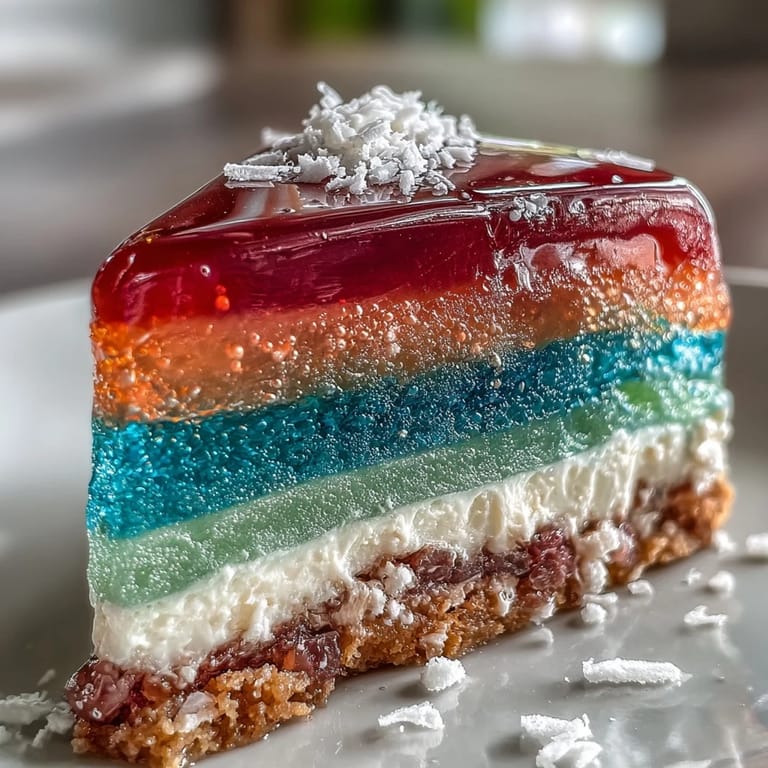 Colorful rainbow jelly cake featuring agar-agar in six bright hues, finished with luscious coconut cream for a tropical dessert.