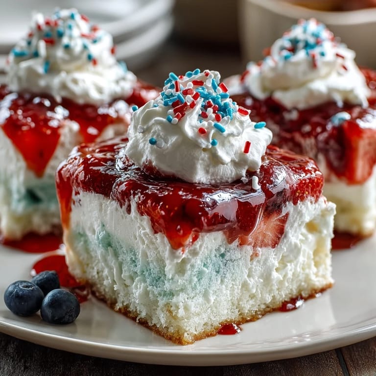 Colorful Memorial Day Red White Blue Poke Cake, a sweet slice of summer dessert.