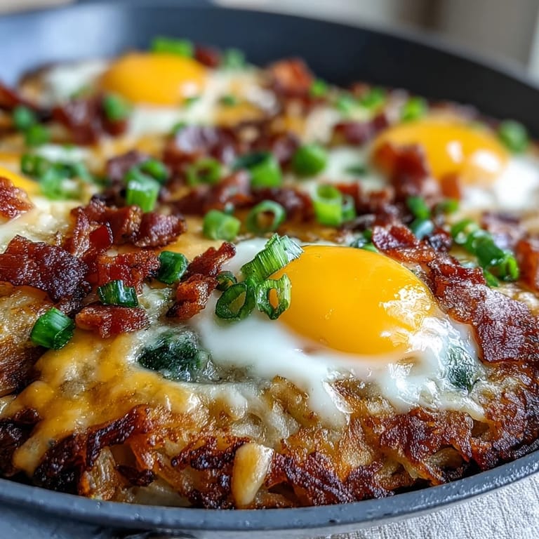 Savory loaded hash brown skillet, perfect for a decadent weekend brunch celebration.