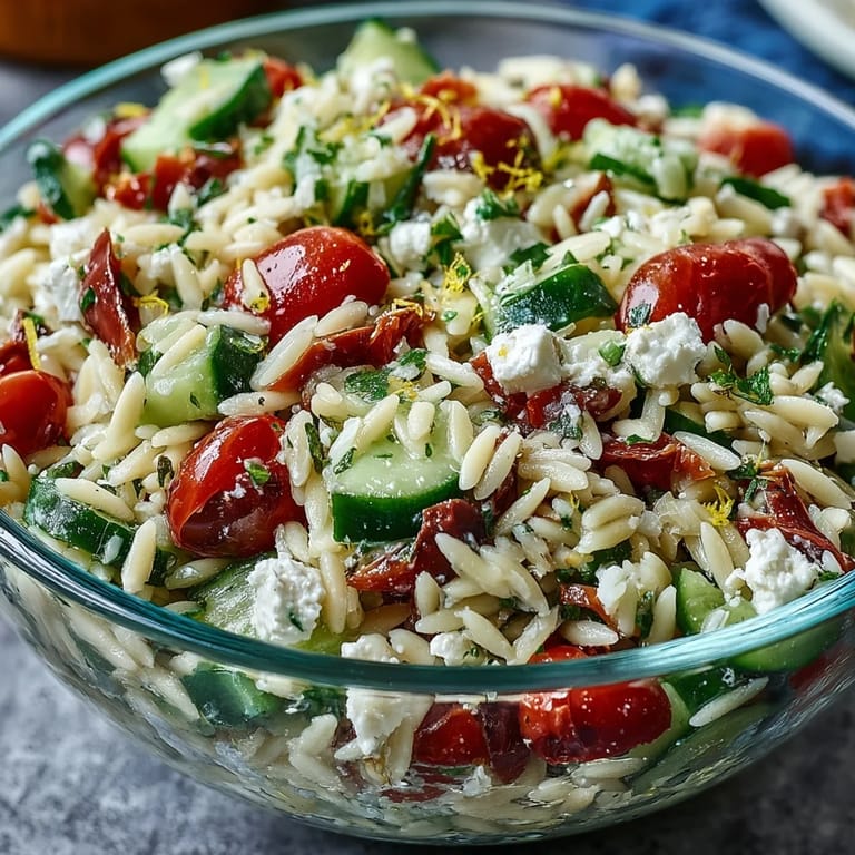 Juicy cherry tomatoes feature in this Summer Orzo Salad with Feta, lemon zest.