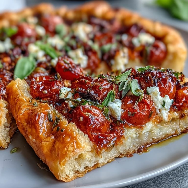 Beautifully baked Roasted Cherry Tomato and Feta Galette, bursting with fresh garden flavors.