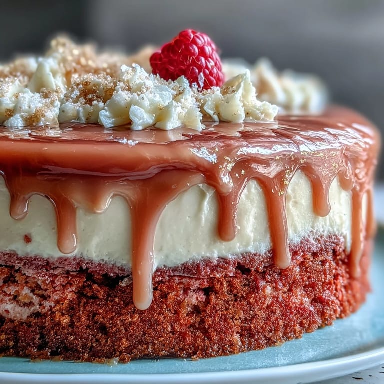 Decadent rosé velvet cake, boasting a rich pink hue with a stunning gold drip finish.