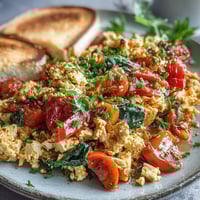 A vibrant Tofu Scramble with bell peppers and spinach served on a rustic plate, garnished with fresh chives and a slice of avocado for a hearty vegan breakfast.