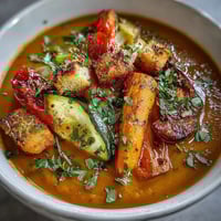 Freshly blended Roasted Vegetable Soup in a rustic bowl, garnished with chopped parsley and a swirl of olive oil.