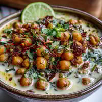 Creamy chickpea curry simmered in coconut milk, topped with fresh cilantro and lime wedges, served over steamed basmati rice for a hearty vegan meal.